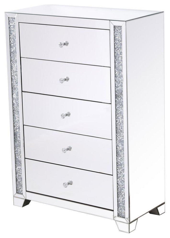 34" Silver Crystal Mirrored Five Drawer Cabinet