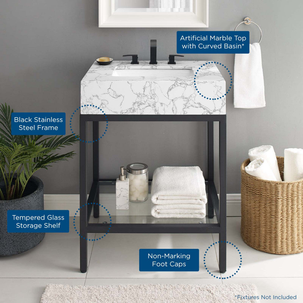 Sink Vanity Cabinet, Artificial Marble, Metal, Black White, Modern, Bathroom