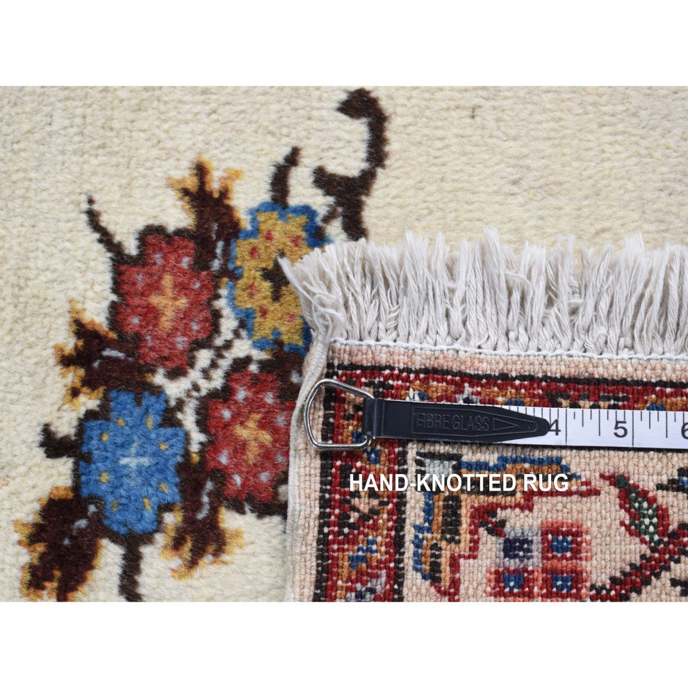 Ivory New Bohemian Karabakh Pure Wool Hand Knotted Rug 3'3" x 4'3"