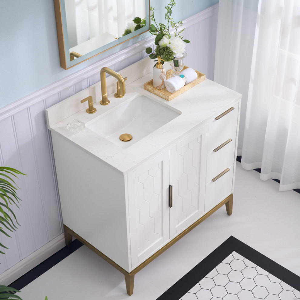 Alison Freestanding Bathroom Vanity with Italian Carrara White Marble Top, White, 36"