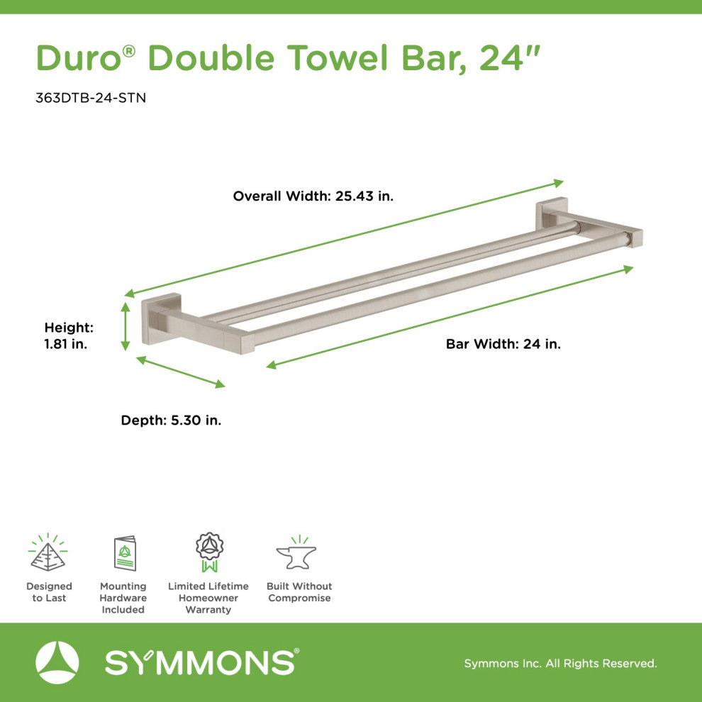 Duro 24 Inch Double Towel Bar with Mounting Hardware, Satin Nickel