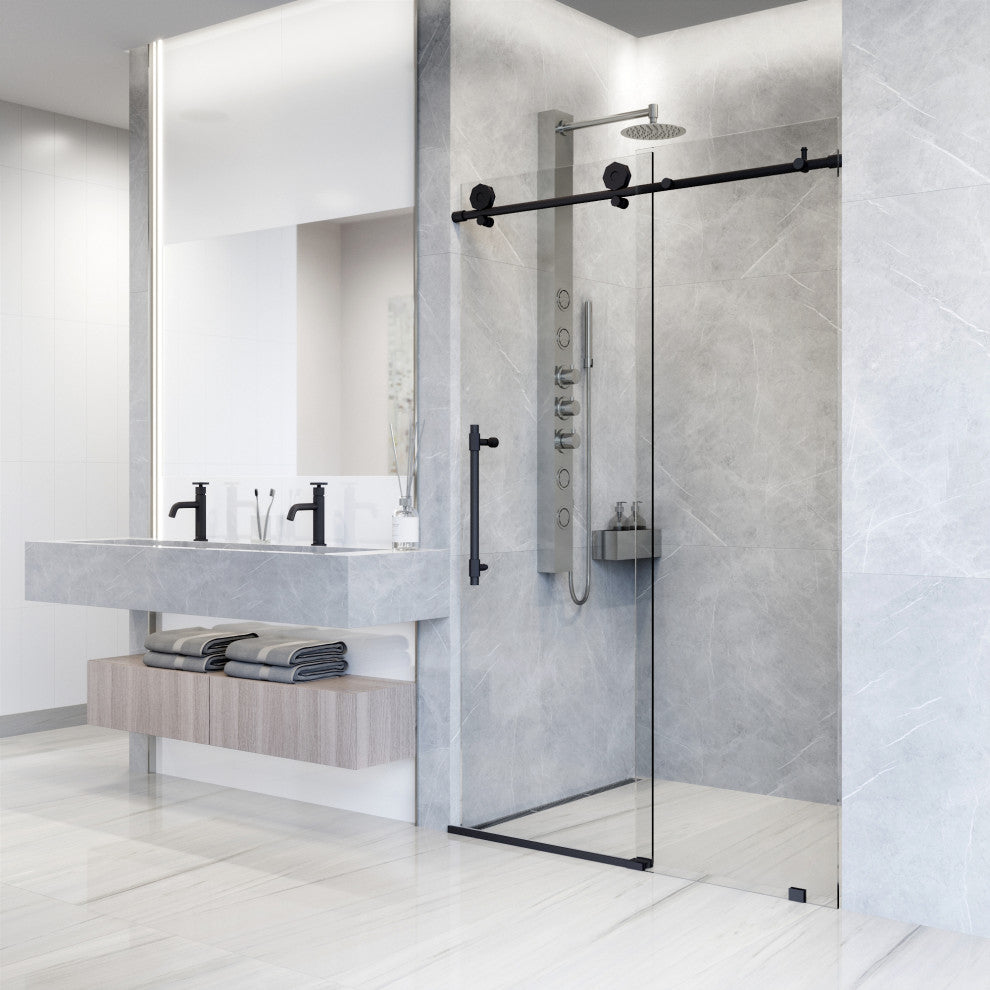 VIGO Elan Hart 56" to 60" W x 76" H Frameless Sliding Shower Door, Matte Black, Clear Glass