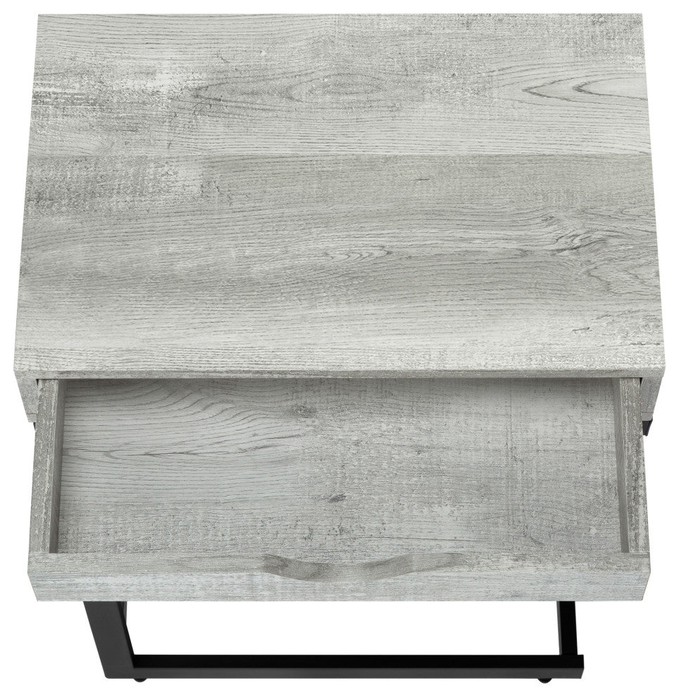 Accent Table, C-Shaped, Storage Drawer, Metal, Laminate, Grey, Black