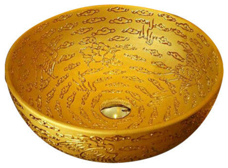 Renalto Golden Porcelain Handpainted Round Wash Basin Coutertop Bathroom Sink