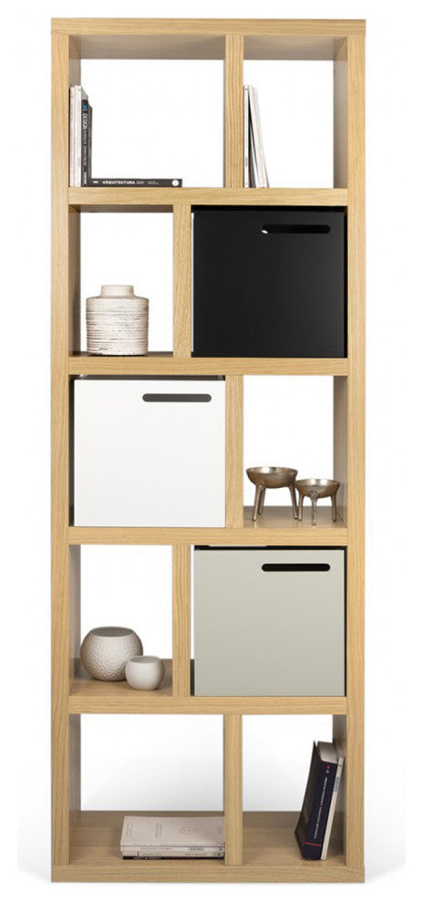 Open bookcase high narrow shelves, Oak