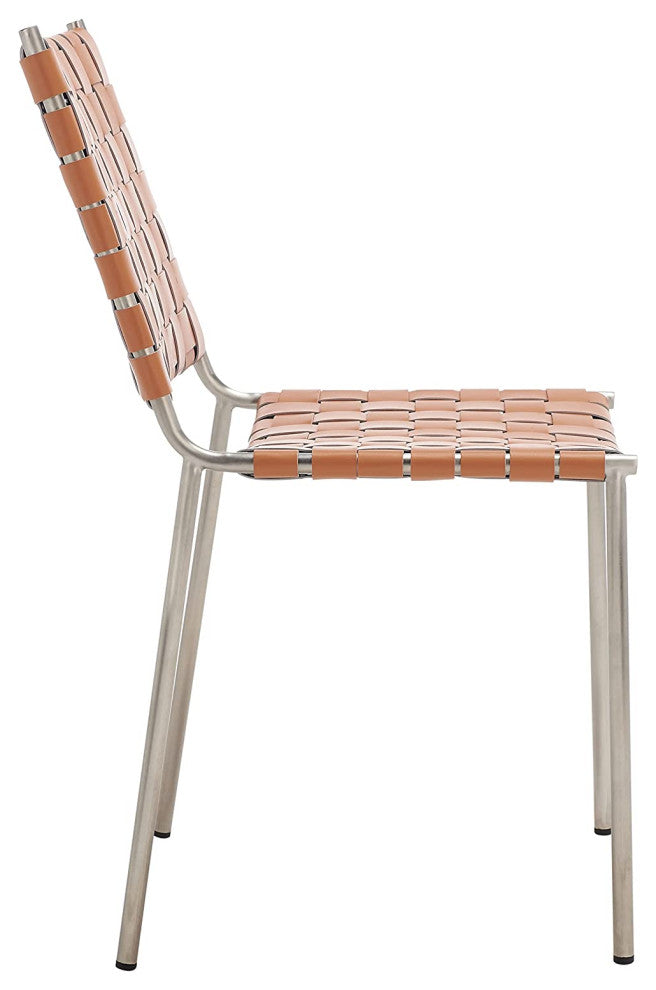 Set of 2 Armless Dining Chair, Metal Base With Woven Leather Upholstered Seat