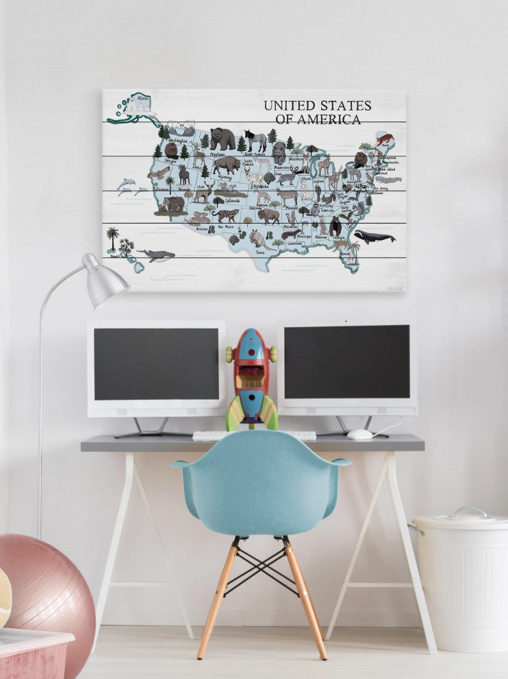 "Blue Animals Map" Painting Print on White Wood, 60x40