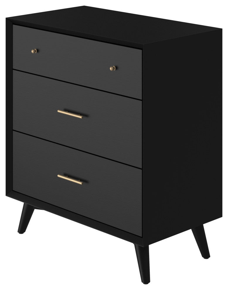 Flynn Mid Century Modern 3 Drawer Small Chest, Black
