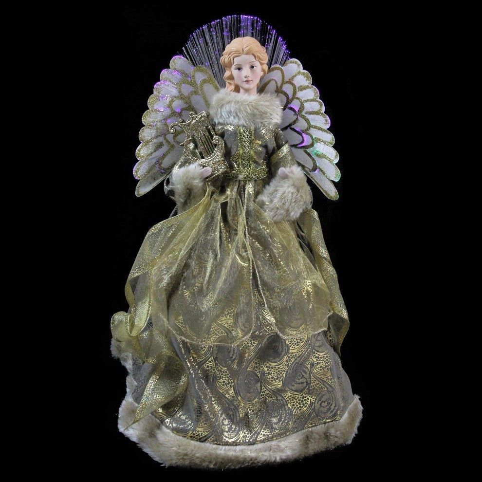 16" Battery-Operated Angel, Gold Gown With Harp Christmas Tree Topper
