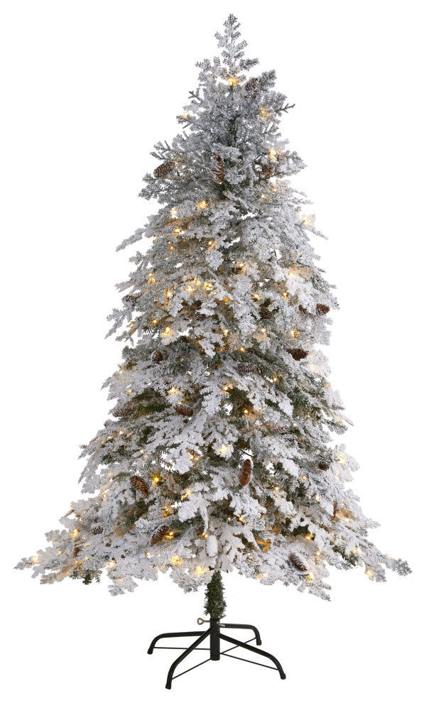 6' Flocked Montana Down Swept Spruce Faux Xmas Tree With 250 Clear LED Lights