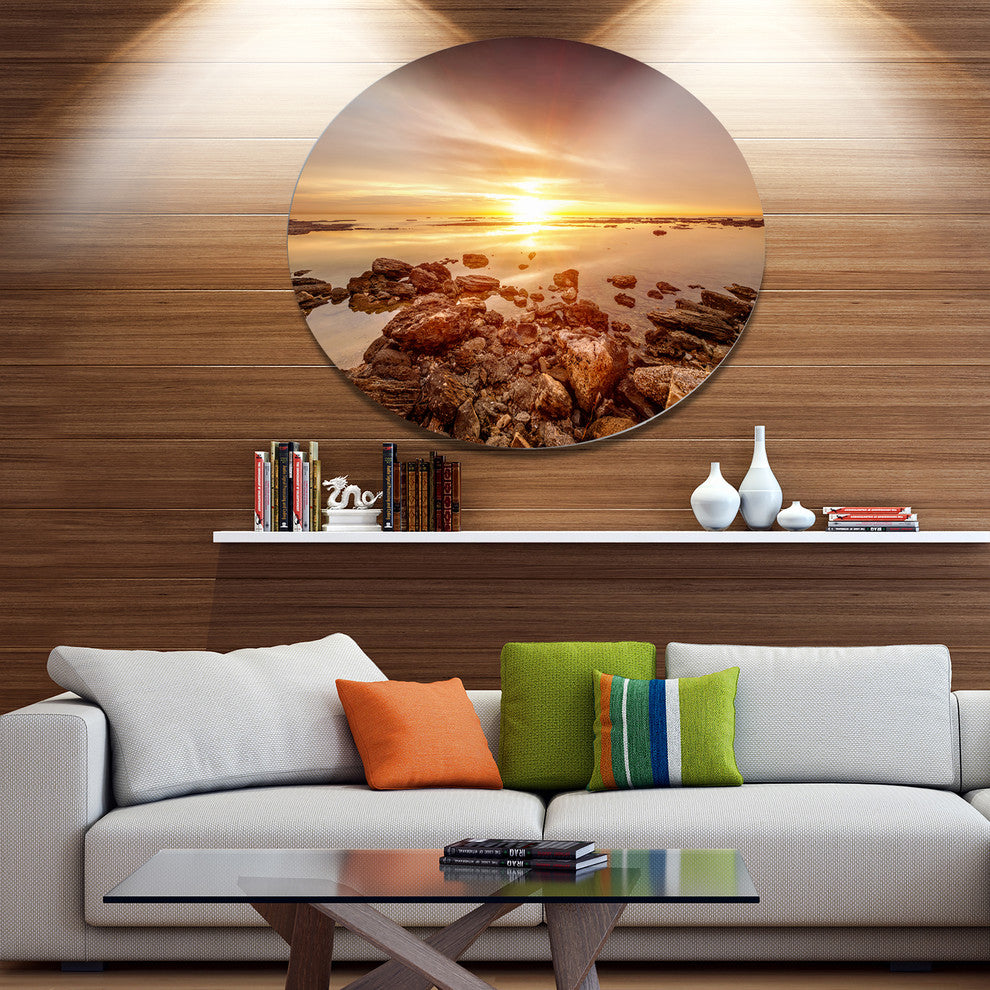 Beautiful Sunset Over Rocky Beach, Seashore Disc Metal Wall Art, 11"