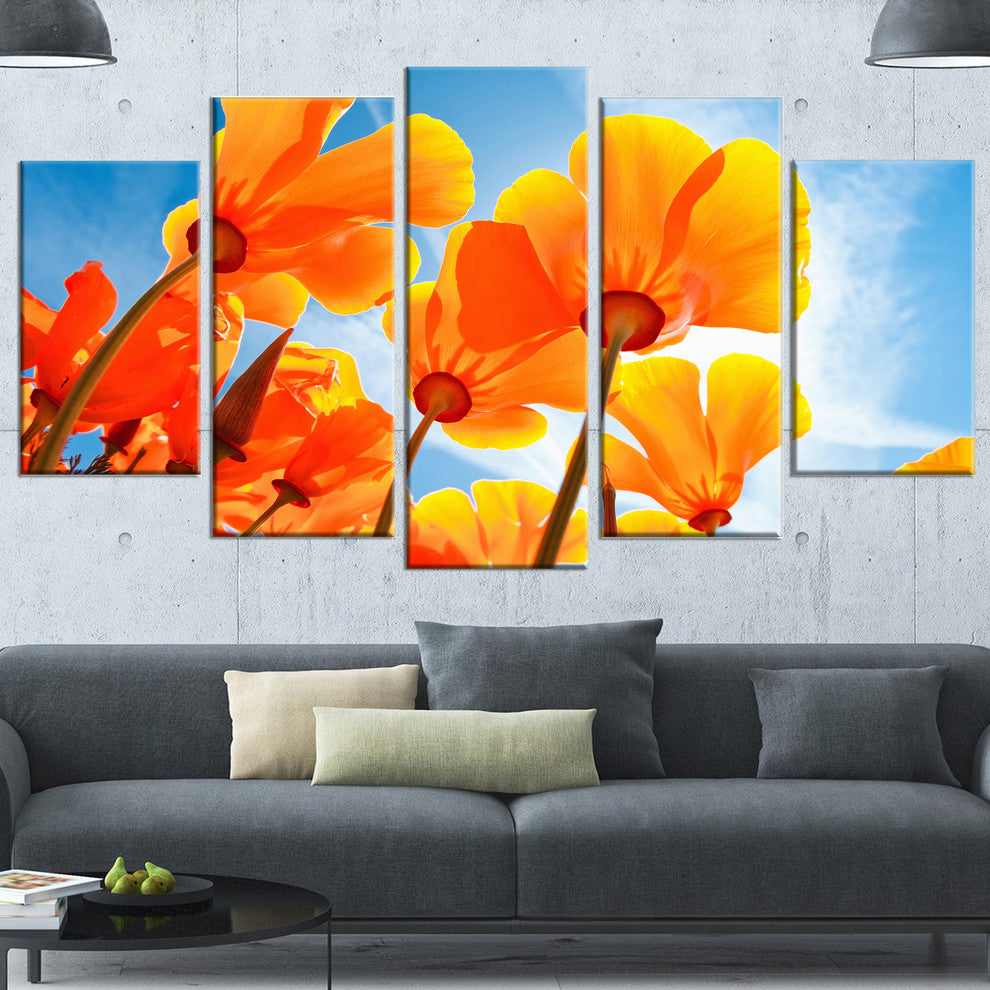 Yellow Spring Flowers on Blue, Floral Canvas Art Print, 60"x32", 5 Panels