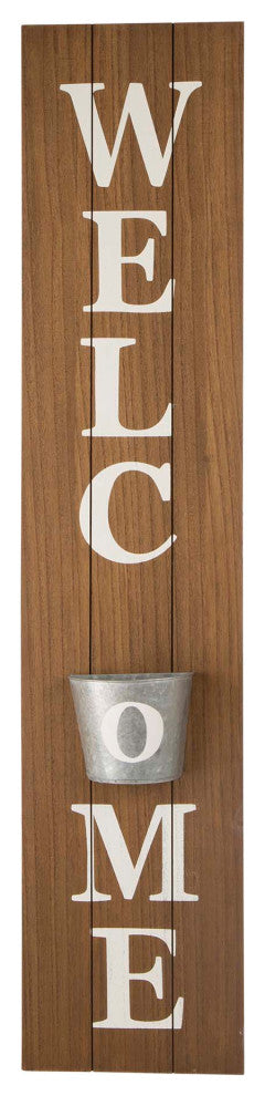 42" Wooden WELCOME Porch Sign With Metal Planter, Natural