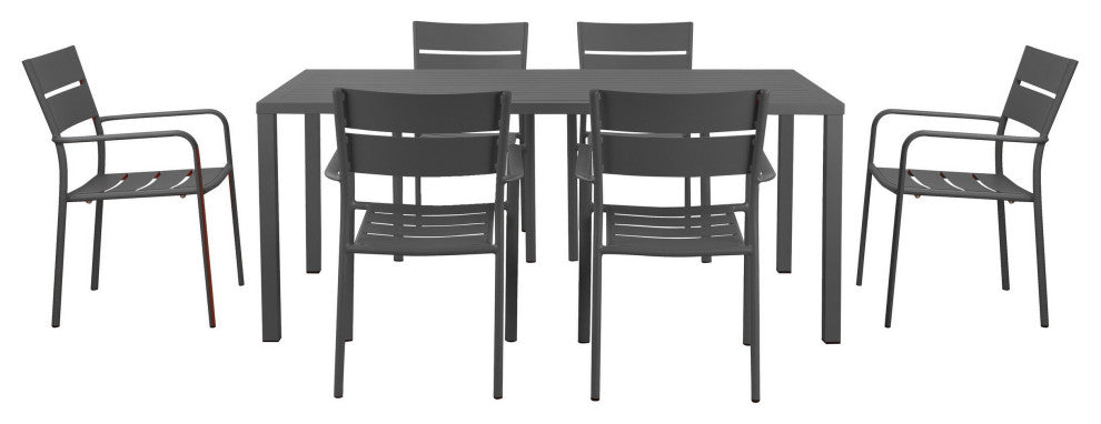 Benzara BM287804 Outdoor Dining Table, Chairs Set, Gray, Plank Seats and Backs
