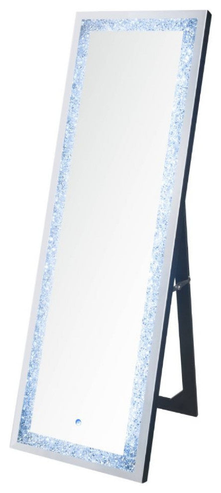 Benzara BM269980 Floor Mirror With LED Light and Faux Diamonds Inlay, Silver
