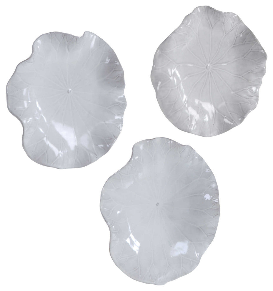 Gloss White Lily Pad Wall Art Flower Sculpture Round Leaf Hanging, 3-Piece Set
