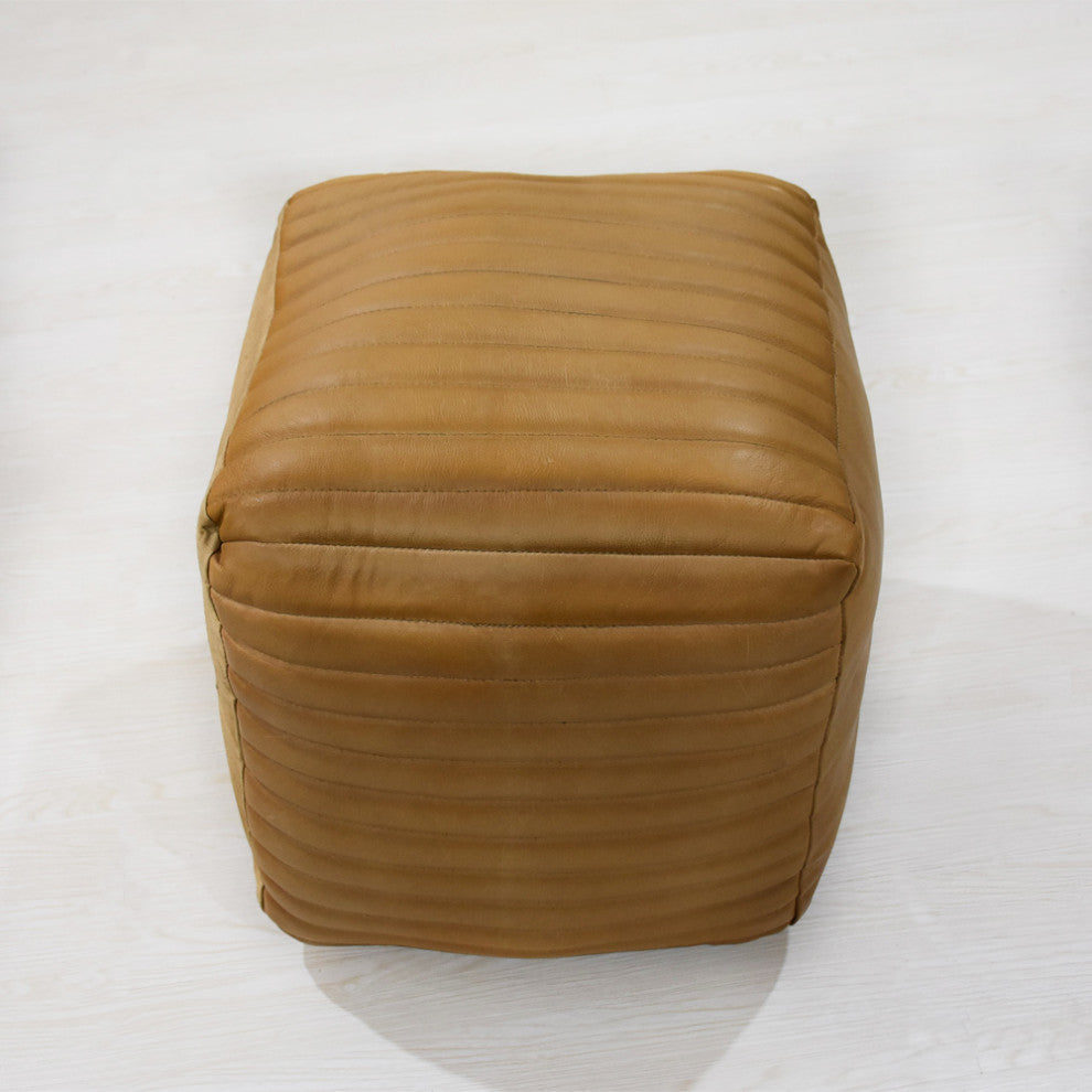 Poufs-Solid Handmade Goat Leather Pouf, Recycled Cotton Fill, Beige, 14x14x14 Square.