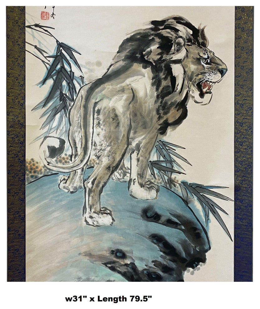 Chinese Black White Ink Lion Theme Scroll Painting Original Wall Art Hws1888