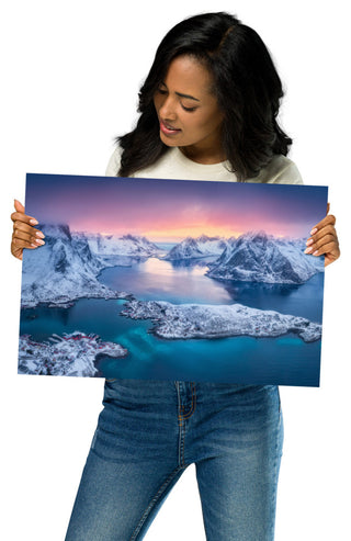 Reine at Winter Sunset Icy Mountain Landscape Photo Loose Wall Art Prints, 12" X 18"