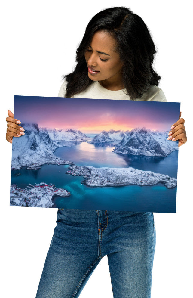 Reine at Winter Sunset Icy Mountain Landscape Photo Loose Wall Art Prints, 12" X 18"