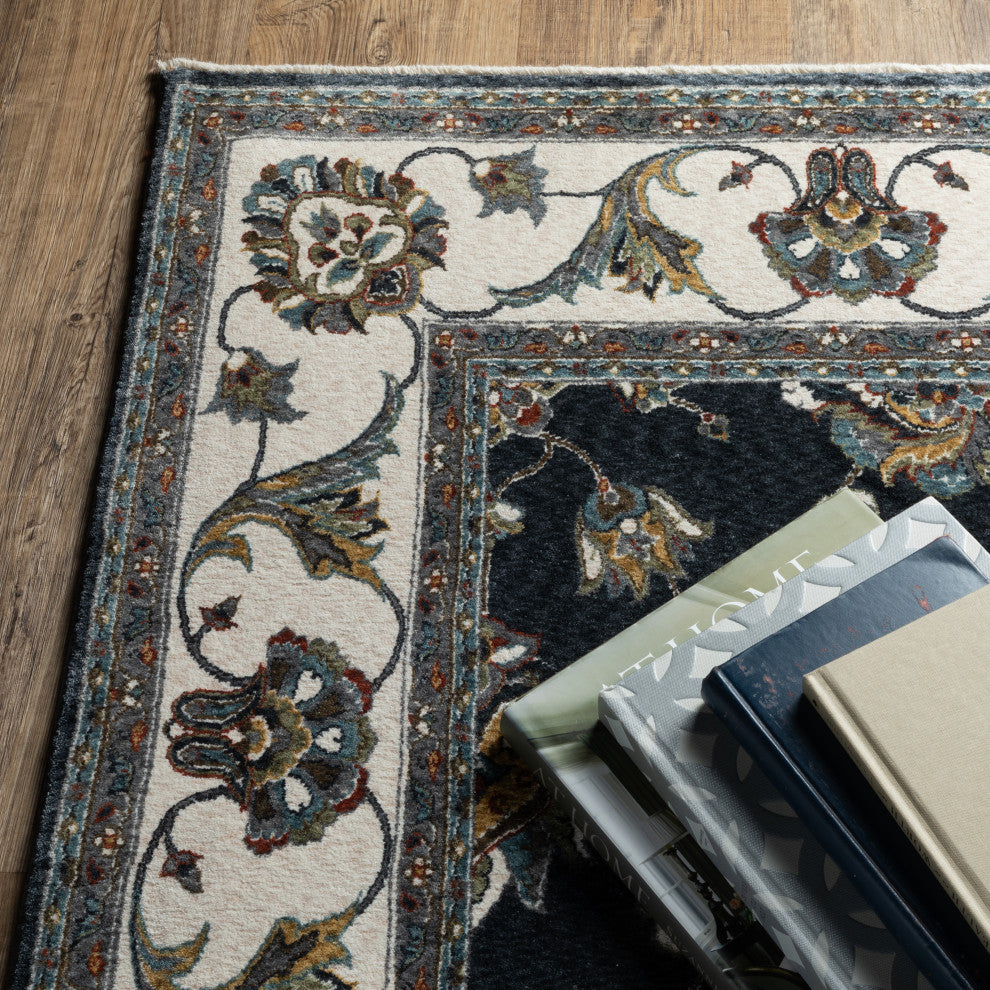 Vaughan Bordered Traditional Navy/ Ivory Fringe Edge Rug 7'10" x 10'10"