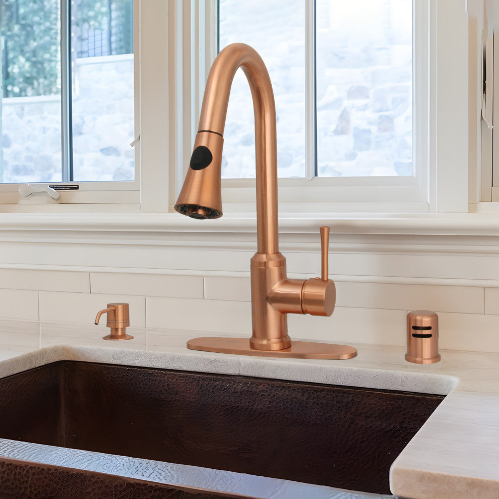 Copper Pull Down Kitchen Faucet With Deck Plate, Single Level Brass Si