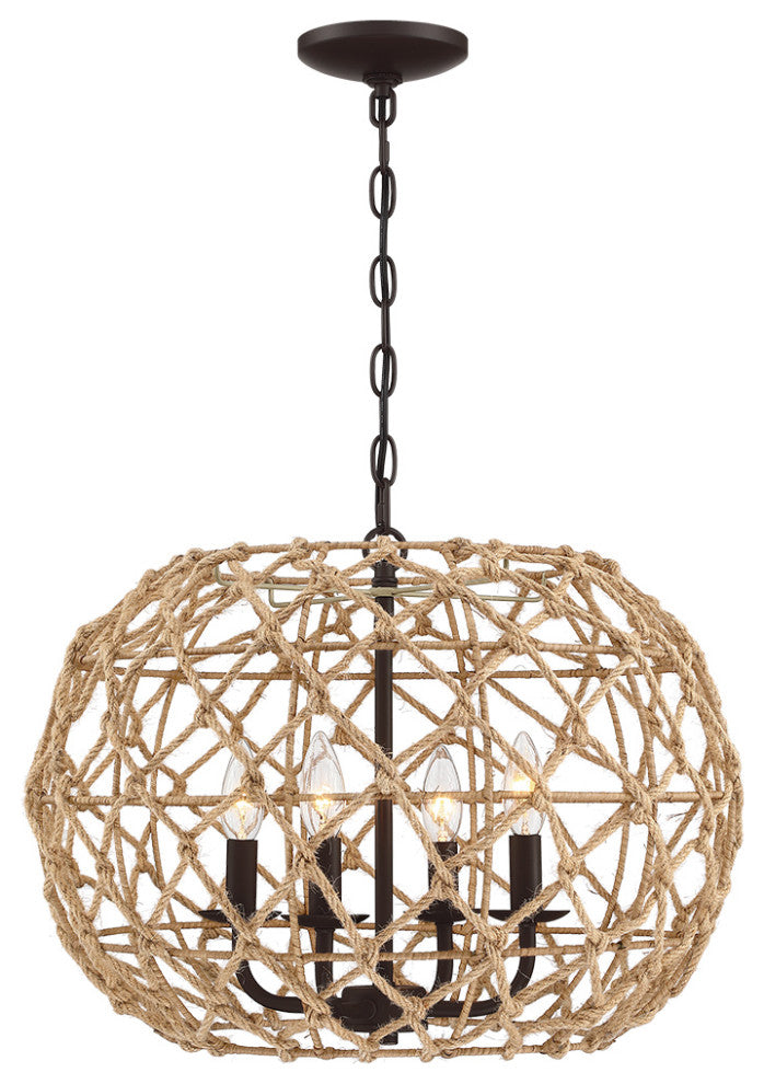 20" W 4-Light Natural Jute Rope Woven Globe Pendant Light With Brown Canopy