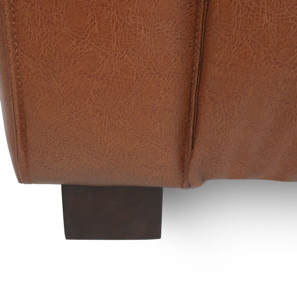 Contemporary Sofa, Faux Leather Upholstered Seat With Tuxedo Arms, Cognac Brown