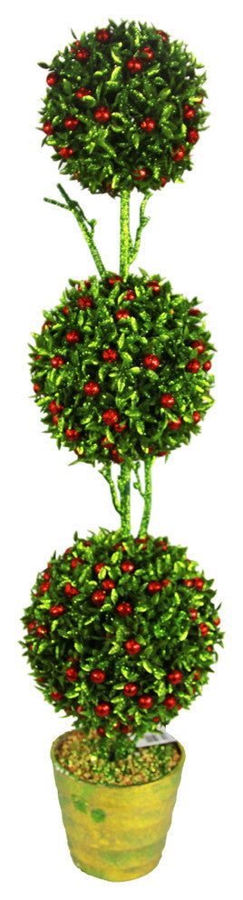 Artificial 32" Christmas Glitter 3 Ball Topiary Plant in Green