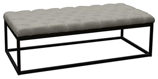 Linen Upholstered Button Tufted Bench With Open Metal Base, Large, Gray & Black