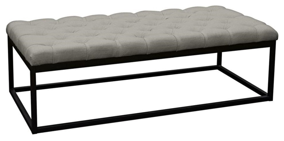 Linen Upholstered Button Tufted Bench With Open Metal Base, Large, Gray & Black