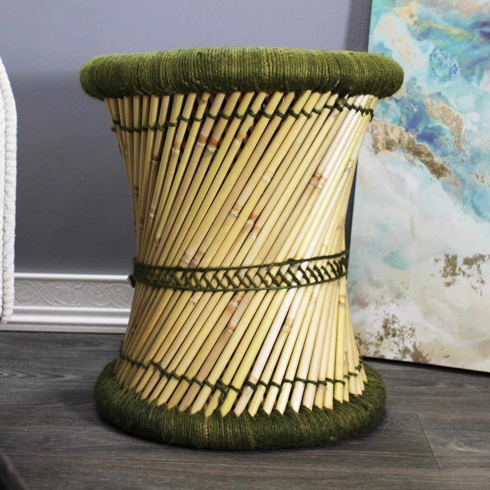 Natural Geo Moray Decorative Handwoven Jute Accent Stool, Navy Green