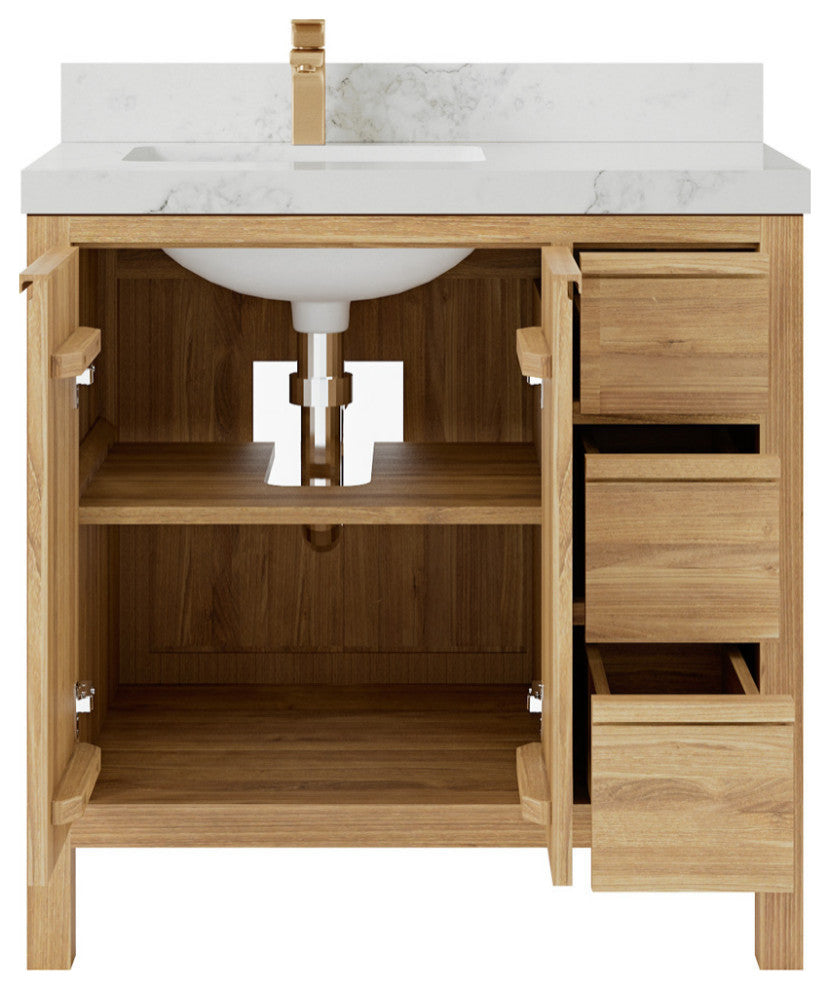 Elizabeth 36 Left Offset Bath Vanity in Light Natural Teak 2" Calacatta Nuvo
