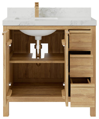 Elizabeth 36 Left Offset Bath Vanity in Light Natural Teak 2" Calacatta Nuvo