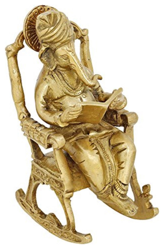 Hindu Art Ganesha God Seated On A Rocking Chair and Reading A Book 7"