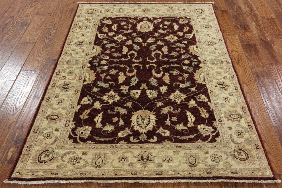 Oushak Chobi Peshawar Burgundy Hand-Knotted Wool Rug, 4'x6'