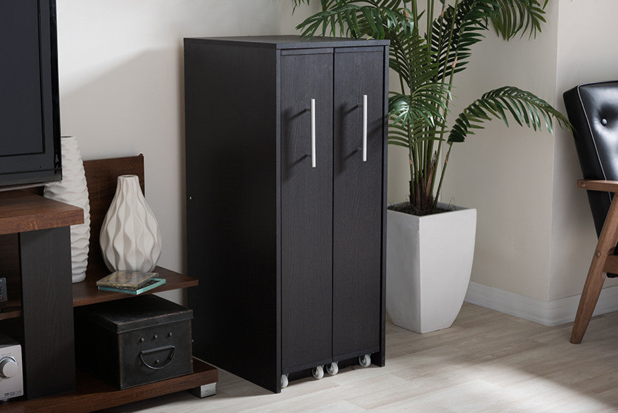 Lindo Dark Brown Wood Bookcase With Two Pulled-out Doors Shelving Cabinet