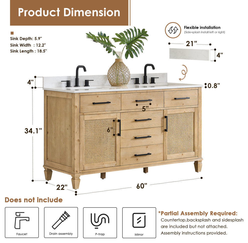 Altair Salome Bathroom Vanity, Weathered Fir, 60", No Mirror