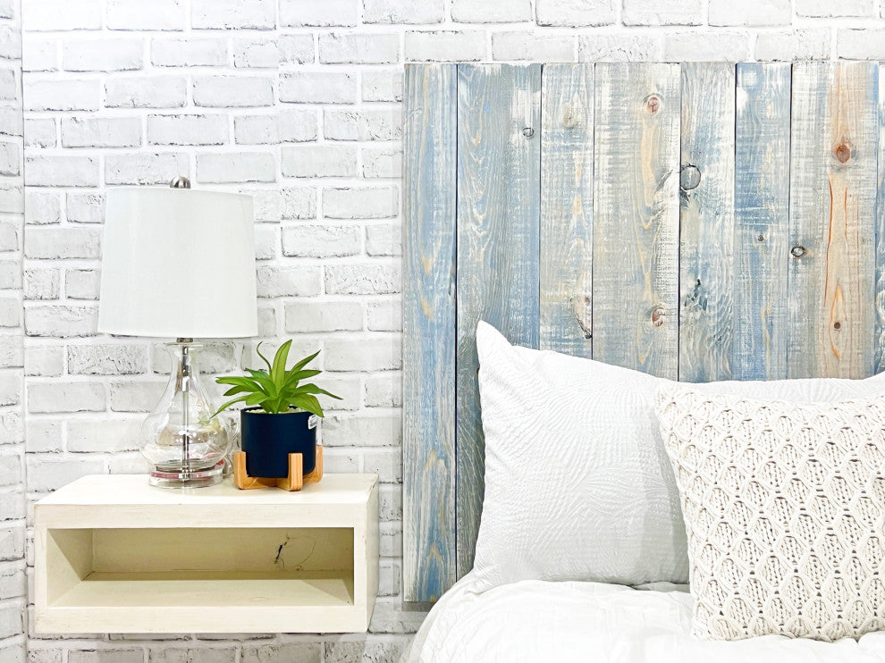 Solid Wood Headboard with Smooth Natural Wood Grain, Wall Mounted, Farmhouse, Blue Powderwash, Queen