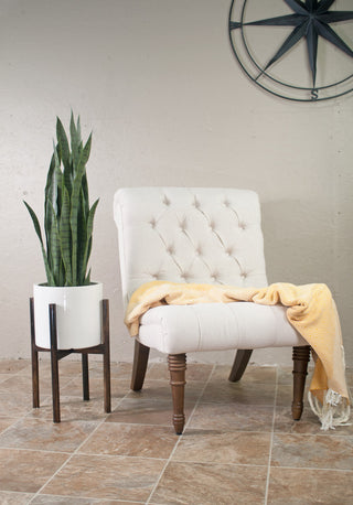 Large Ceramic Cylinder Planter 10" White With Plant Stand Dark Walnut