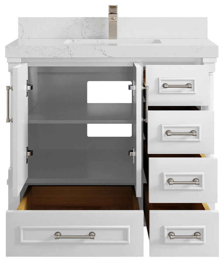 Aberdeen 36 Center Sink Bath Vanity in White 2" Empira Quartz