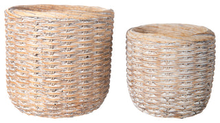 Round Terracotta Pot with Basket Weave Design Washed Amber Finish, Set of 2