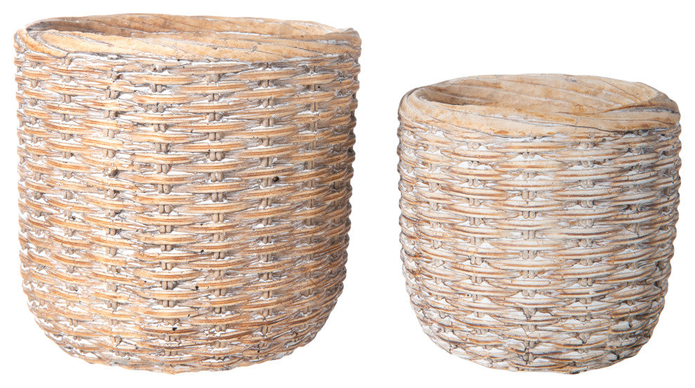 Round Terracotta Pot with Basket Weave Design Washed Amber Finish, Set of 2