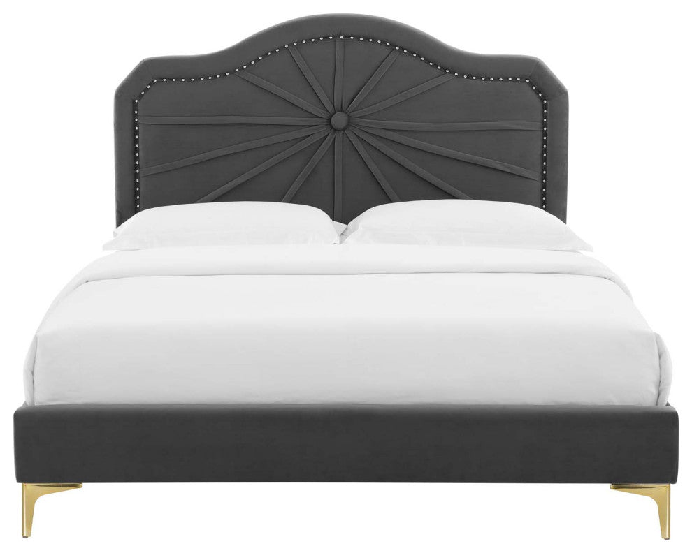 Platform Bed Frame, Twin Size, Velvet, Dark Grey Gray, Modern Contemporary