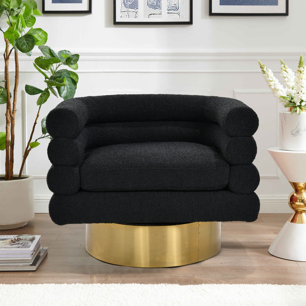 Dexter Boucle Fabric Swivel Accent Chair, Gold Base, Black