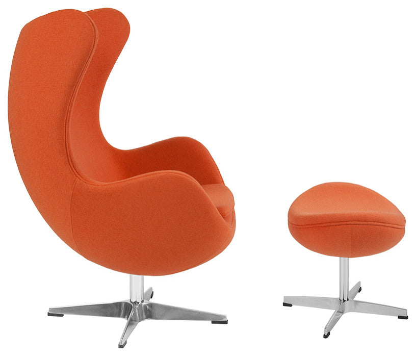 Orange Wool Fabric Egg Chair With Tilt-Lock Mechanism And Ottoman