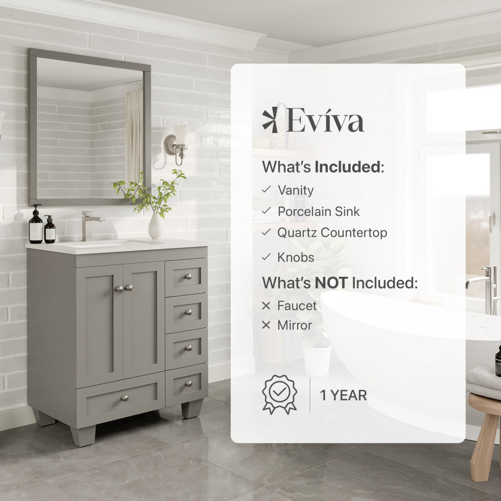 Eviva Happy 30"Wx18" Bathroom Vanity, White Carrara Quartz Countertop