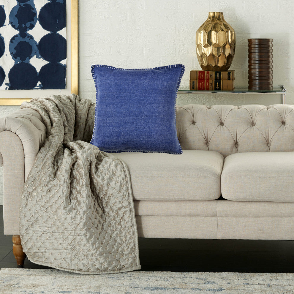 Embroidered Edge Bordered Throw Pillow, Twilight Blue, 24" X 24"