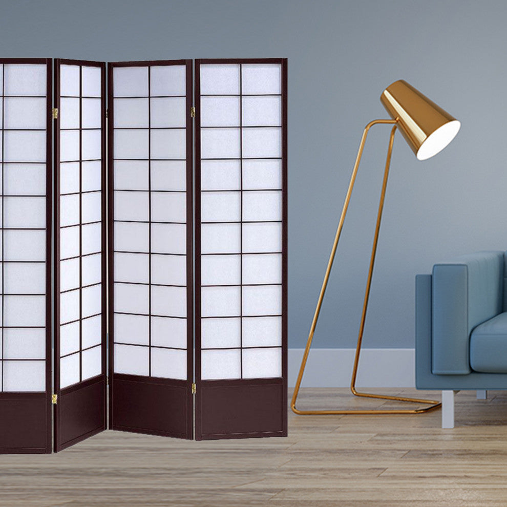 68" x 1" x 70" Black Shoji And Wood 4 Panel Screen