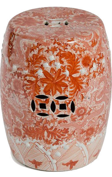Orange and White Dragon Theme Porcelain Garden Stool, 17"